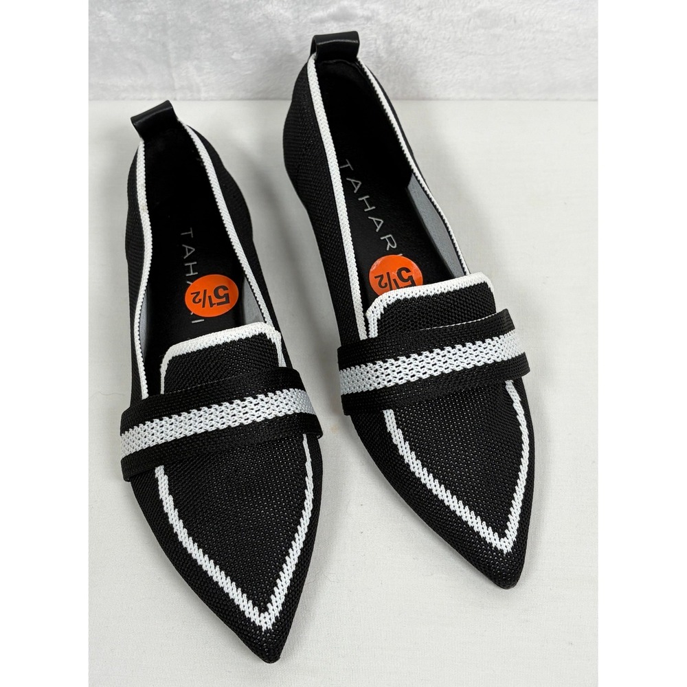 Tahari Florentia Knit Pointed Toe Flats Shoes Womens Black White Size 5.5 NEW